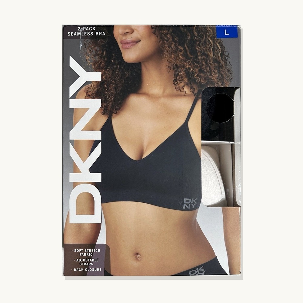 DKNY 2-Pack Seamless Bra Soft Stretch Adjustable Straps Black Ivory Large NEW